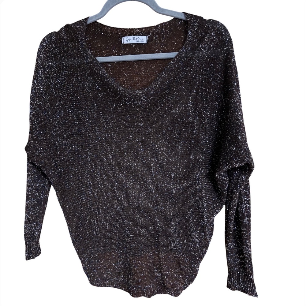Gigi Moda Made in Italy Brown Metallic Knit Batwing V-Neck Sweater Sparkle Top